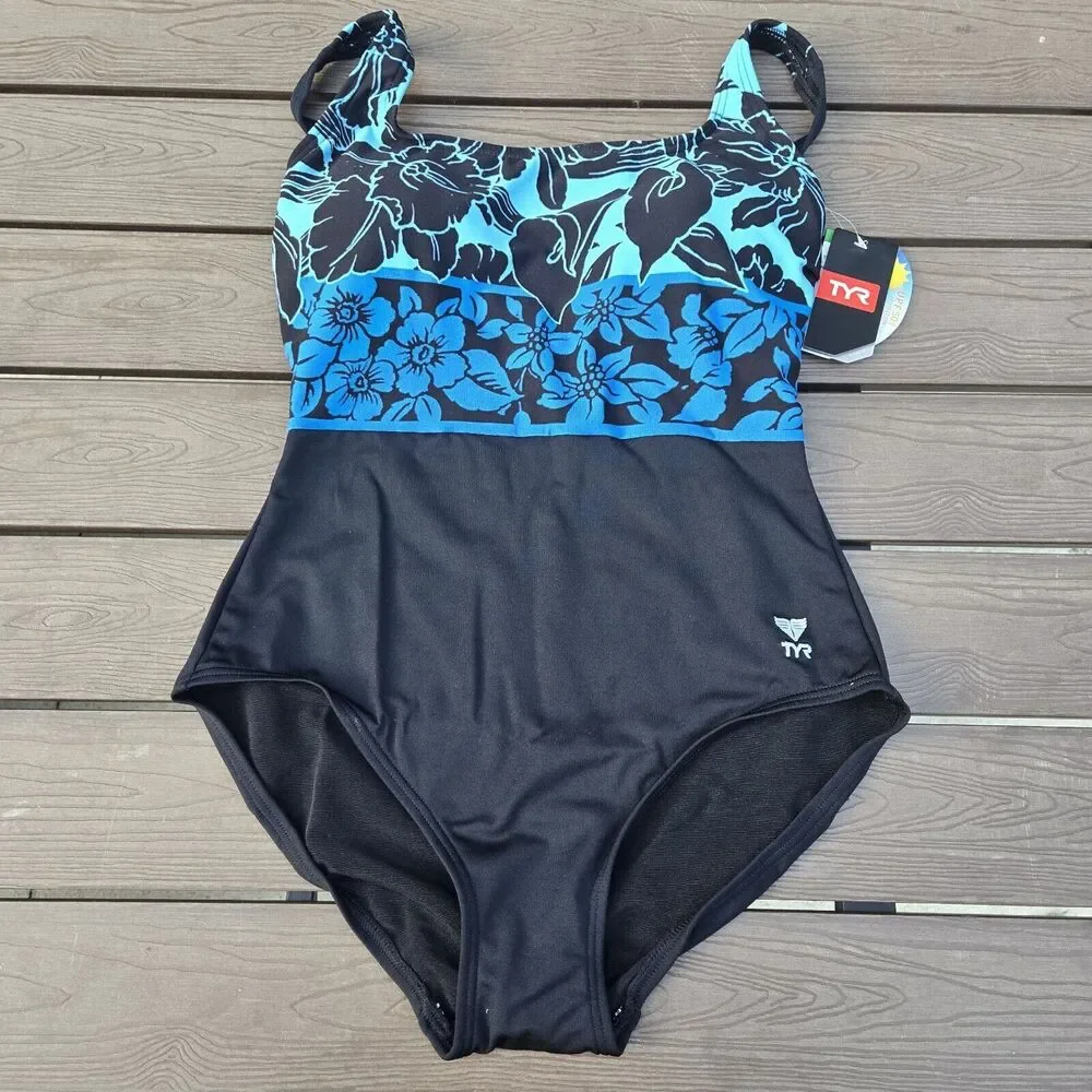 TYR Women Narciso Aqua ControlFit One Pc Swimsuit Blue/black Fitness SZ 14 New